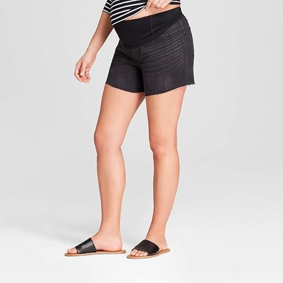 Isabel Maternity Midi Jean Short Womens 2 Black Crossover Panel Pull On Raw Hem - Picture 2 of 16